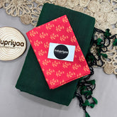Bottle Green Handloom Khadi Cotton Saree With Red Print Blouse